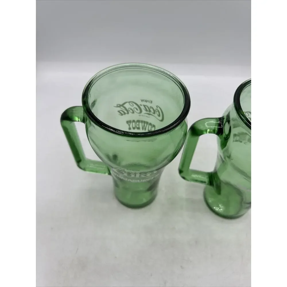 2 Vintage 1980's Coca-Cola Cowboy Whataburger Green Glass Handled Mugs